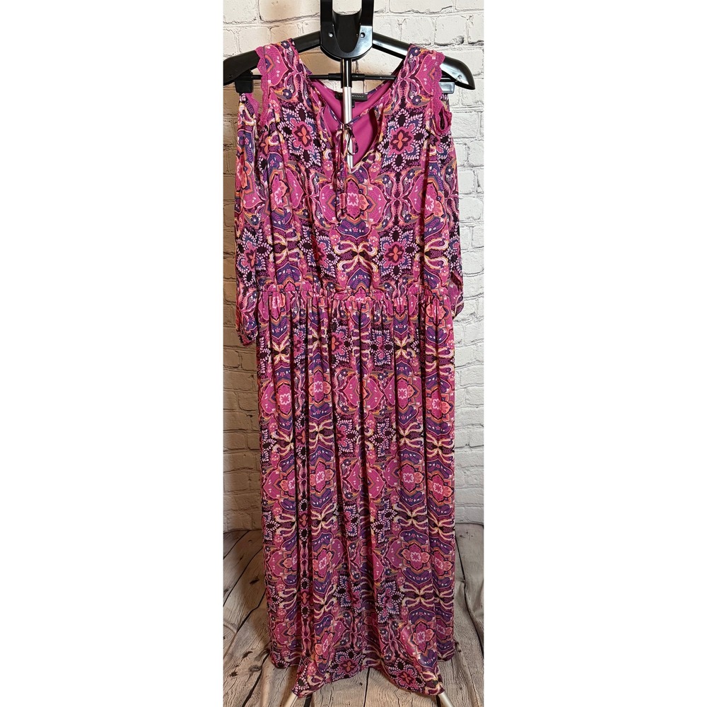 Lane Bryant Pink Paisley Cold Shoulder Maxi Dress Lace Trim Size 14